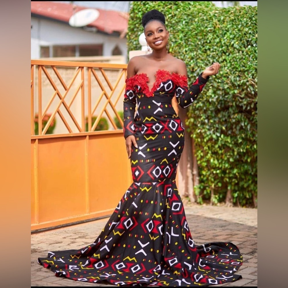Ankara Mermaid Dress with red appliqué trim on bust, African Print Mermaid Dress